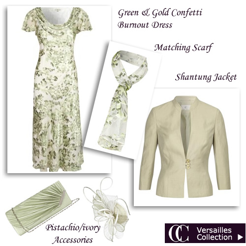 The green and gold confetti burnout dress and matching silk scarf is is a 
