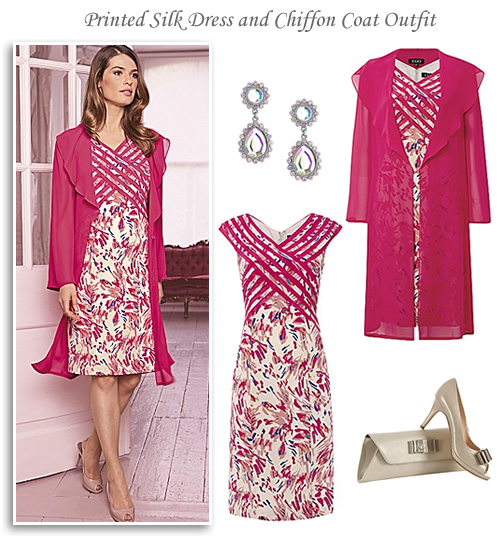 Silk Print Dress and Pink Chiffon Coat Occasion Outfit