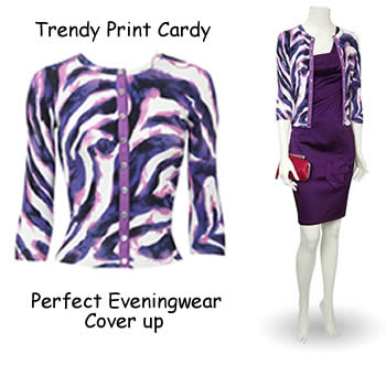 This trendy cardy will look stunning with a purple or fuchsia pink satin