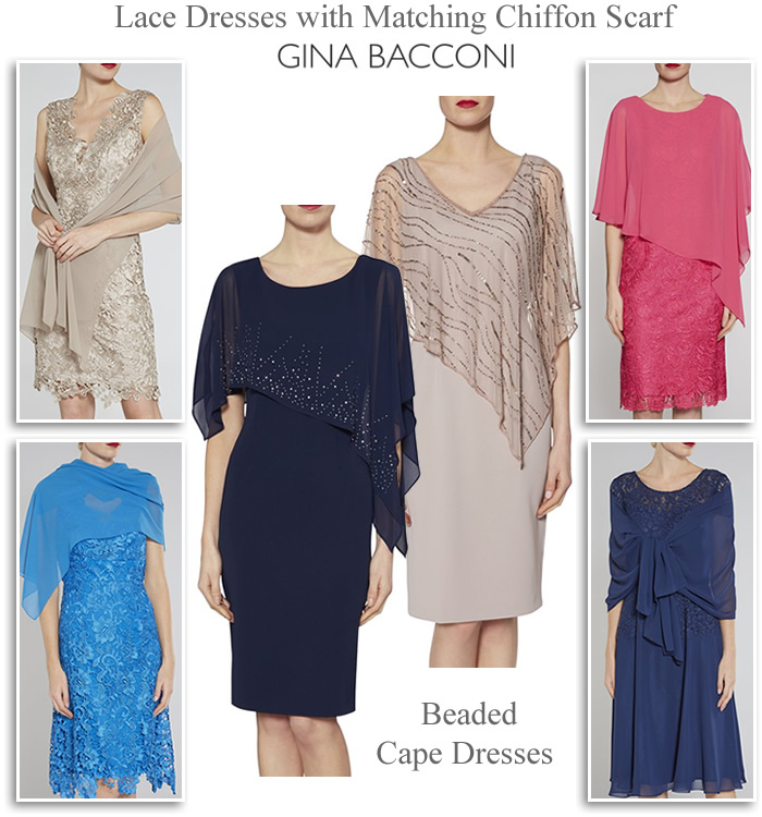 Gina Bacconi AW18 winter wedding outfits lace, beaded, cape overlay dresses with matching chiffon shawl