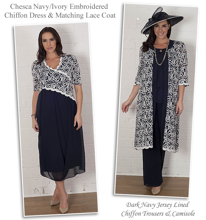 chesca navy and ivory lace coat matching dress chiffon trousers and camisole