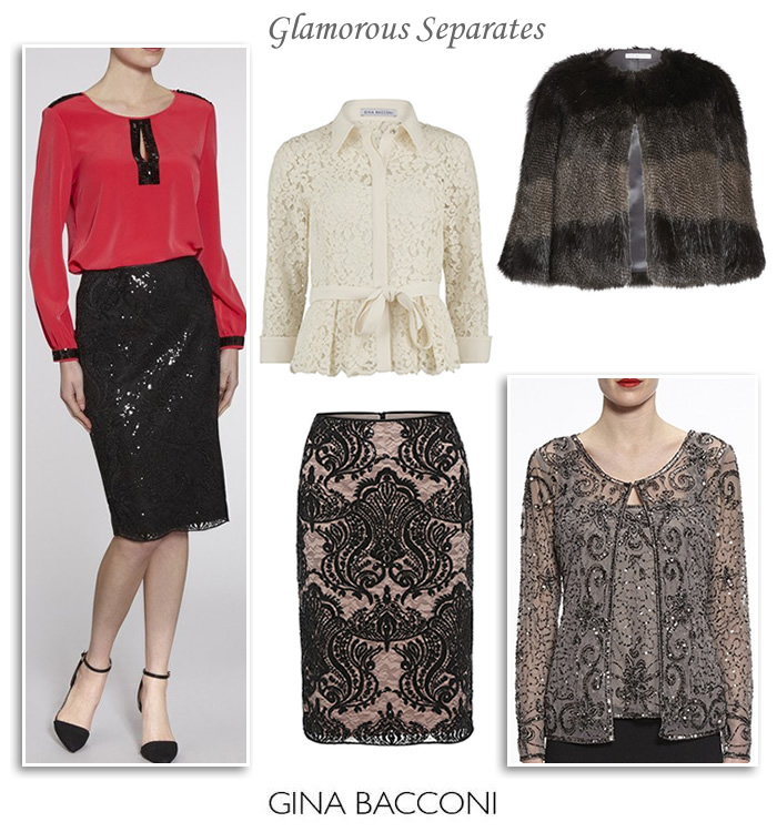 Gina Bacconi sequin tops faux fur jackets and lace skirts