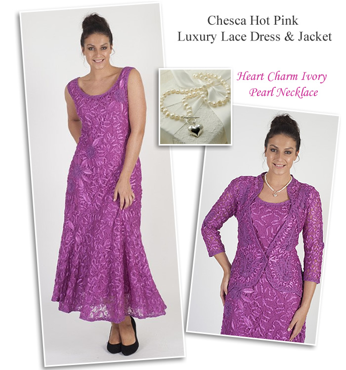 Plus Size lace deep pink summer wedding dress and jacket outfit