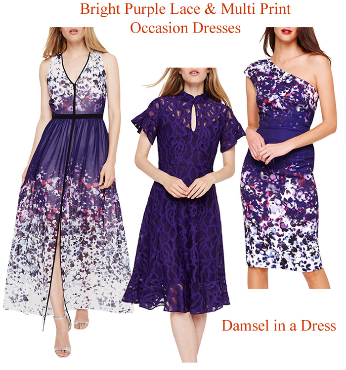 Damsel in a Dress winter wedding outfits bright purple lace and floral print occasion dresses