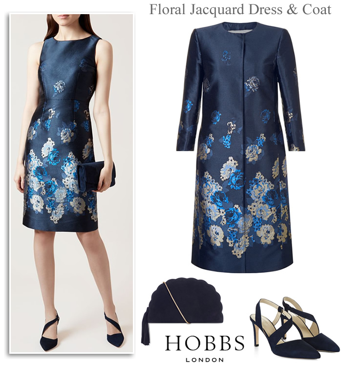 Hobbs Mother of the Bride Winter Wedding Outfit Navy Floral Jacquard Yen Dress and Matching Coat
