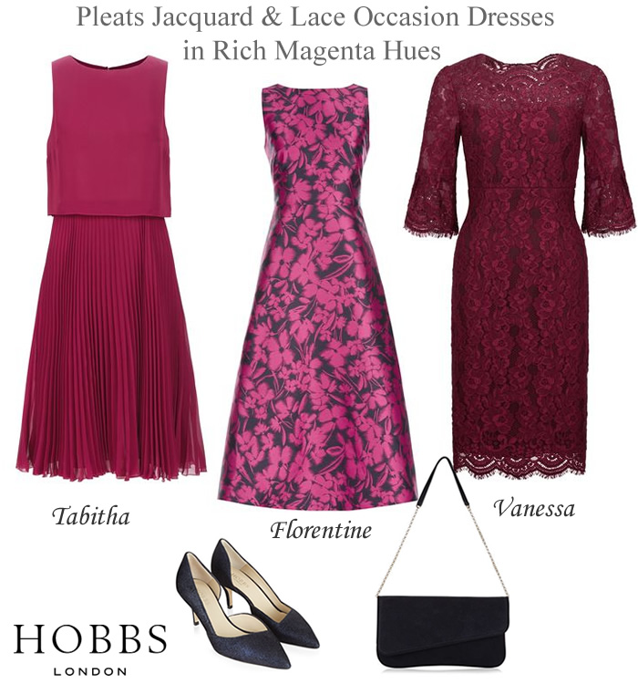 Hobbs Sale occasionwear dark pink magenta flared, pleated, jacquard and lace occasion midi dresses