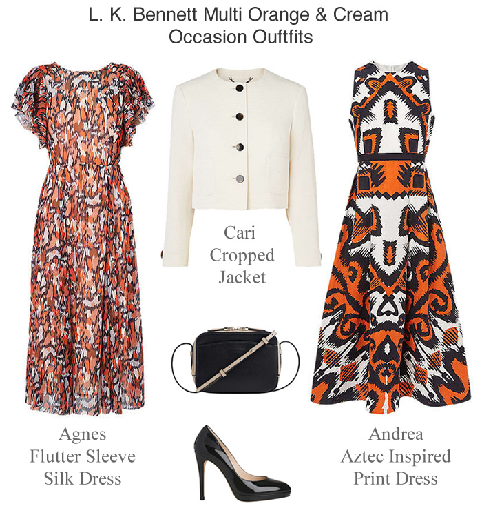 L. K. Bennett autumn wedding outfits silk occasion dresses and jackets in multi prints, orange and cream