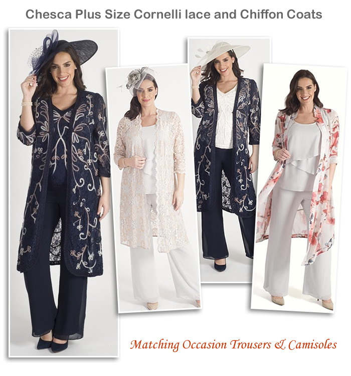 Plus size lace chiffon occasion coats matching trousers and camisole