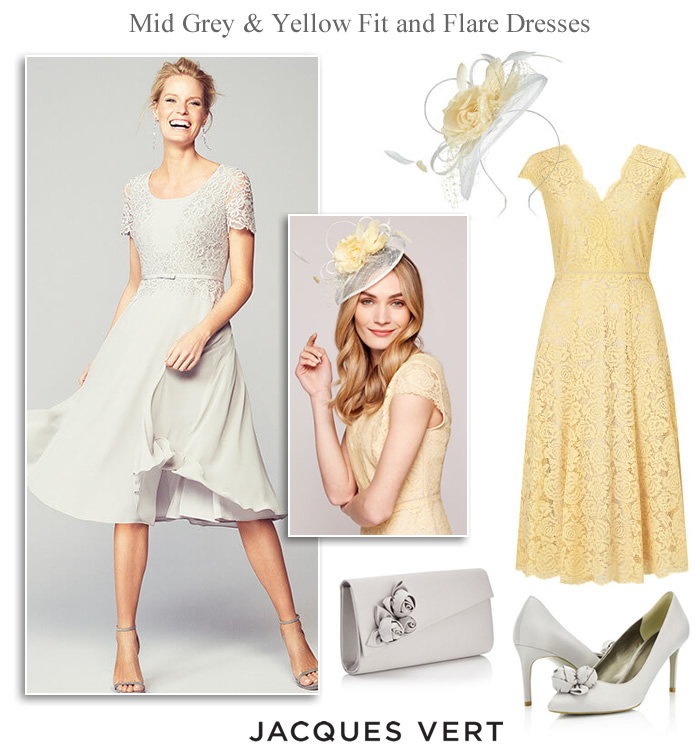 Jacques Vert fit and flare grey and yellow lace occasion dresses