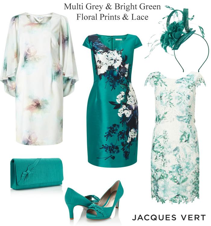 Jacques Vert complete MOTB outfits green and grey floral printed and lace dresses