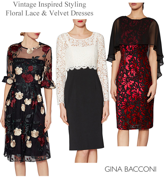 Vintage style dresses with flared long sleeves velvet lace partywear in black ruby red and beige