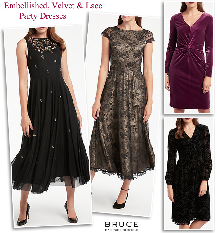 Bruce Oldfield Partywear Occasion velvet dresses with sleeves, embellished lace midi fit flare dresses MOTB winter wedding outfits