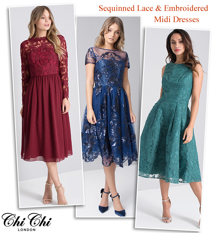 Chi Chi Partywear midi dresses red navy green wedding guest outfits lace sequin fit flare prom styles