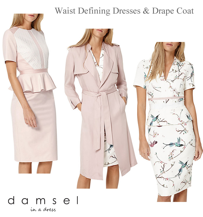 Damsel in a Dress spring wedding outfits 2018 peplum dresses and drape coat