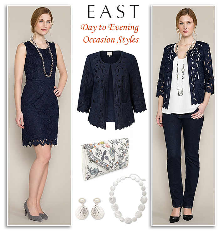 navy lace shift dress matching crop jacket East occasion outfits