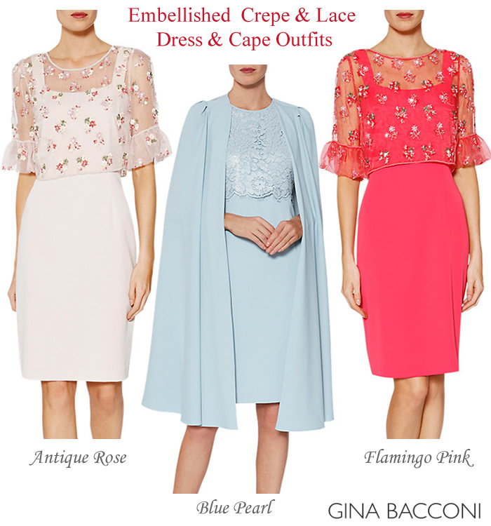 Gina Bacconi occasionwear Mother of the Bride beaded crepe and lace dress and cape outfits rose pink and pastel blue summer wedding dresses