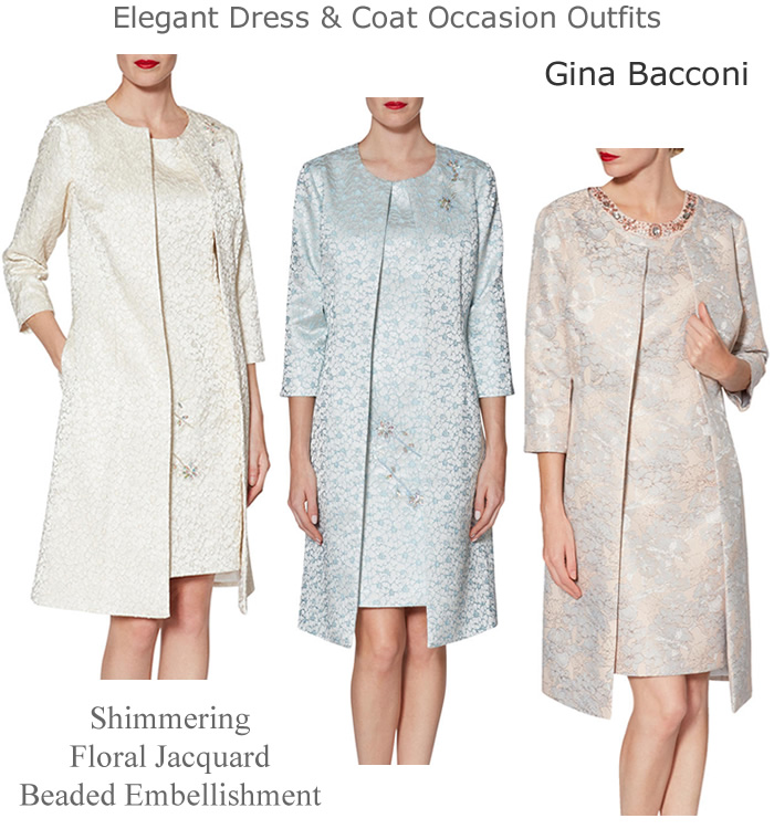 Gina Bacconi occasionwear jacquard dress matching coat Mother of the Bride autumn winter wedding outfits