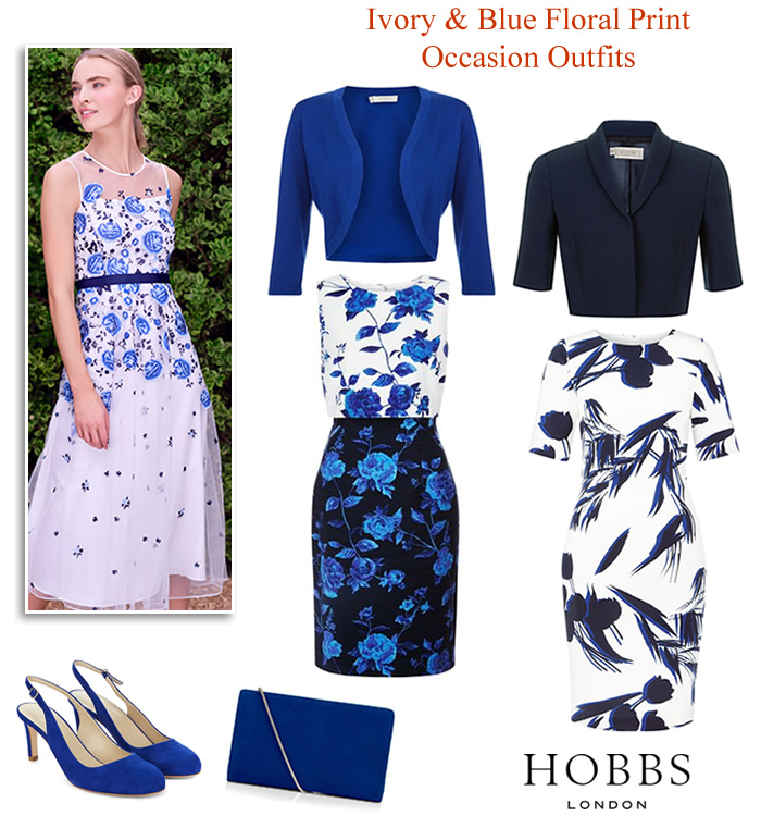 Hobbs spring wedding outfits modern Mother of the Bride  blue ivory floral print dress and jacket