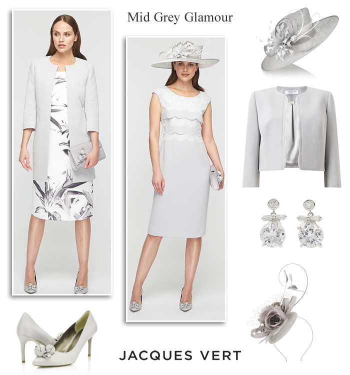 Jacques Vert MOTB mid grey occasion dresses matching coats jackets, hats, shoes and bags