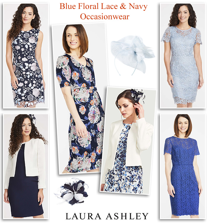 Laura Ashley occasionwear blue navy cream floral lace and printed occasion dresses jackets matching fascinators