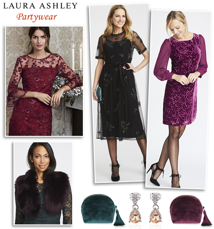 Laura Ashley occasionwear lace velvet party dresses faux fur wraps