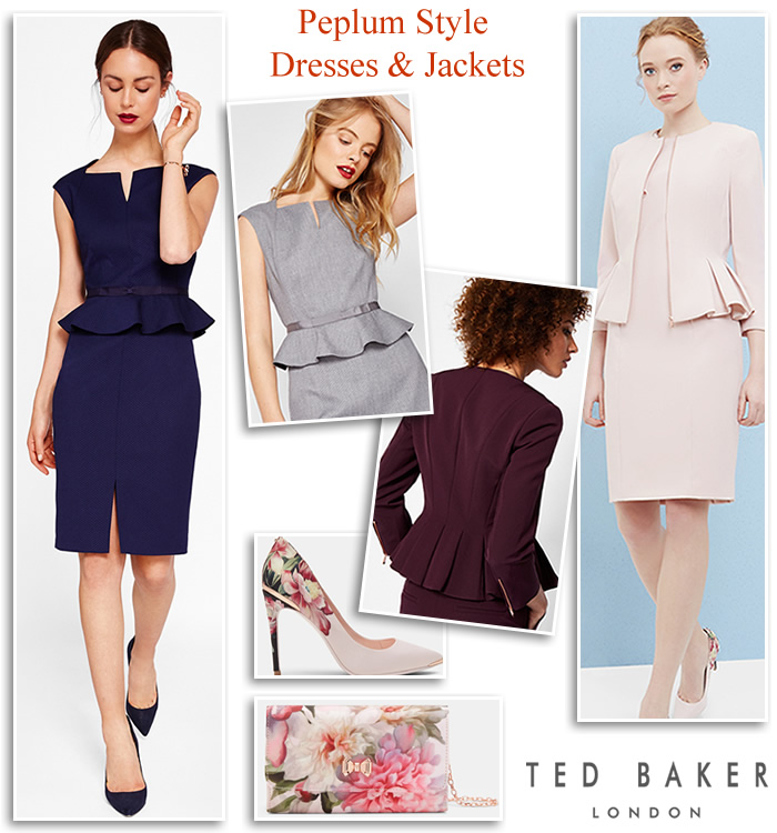 Ted Baker AW17 occasionwear peplum dresses matching jackets in maroon, grey and pink.