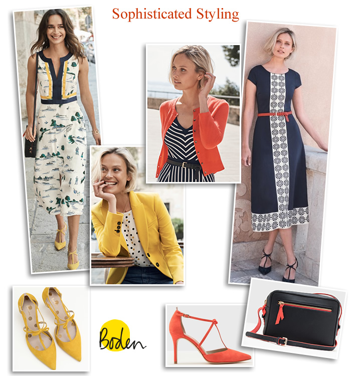 Boden summer midi dresses jackets shoes bags in orange, red, navy stripes, spots and floral.