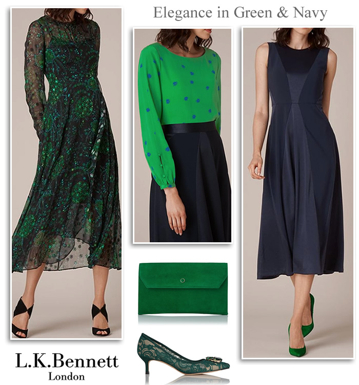 L K Bennett emerald green and navy blue silk dresses, blouses with sleeves and evening skirts