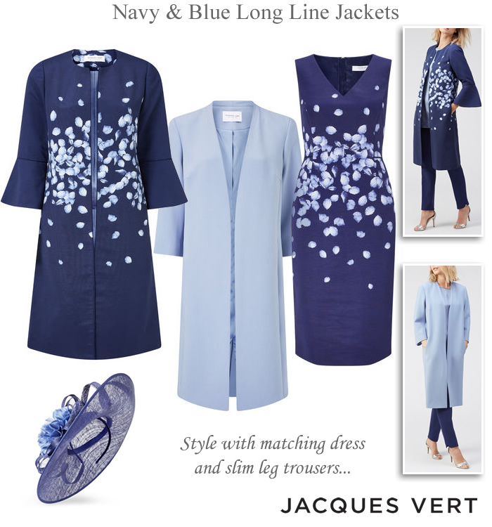 Jacques Vert Navy Light Blue Longline Jackets Spring Wedding Coats Occasion Trousers & Dress Suits