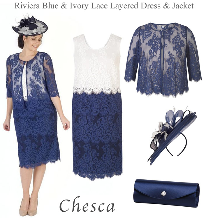 Chesca 2018 MOTB occasionwear mid blue and ivory lace layered scallop shift dress and matching jacket