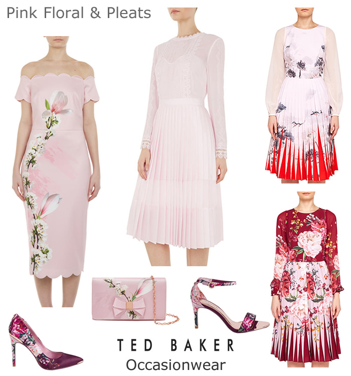 Ted Baker wedding outfits evening occasionwear pink floral pleated occasion dresses matching shoes and bags