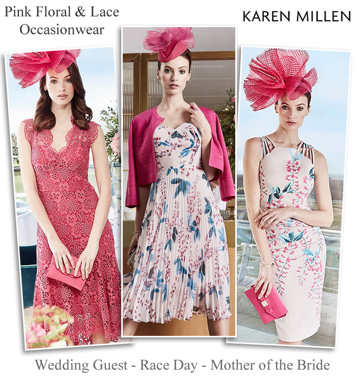 Karen Millen Mother of the Bride wedding guest and race day occasion dresses pink floral and lave occasionwear