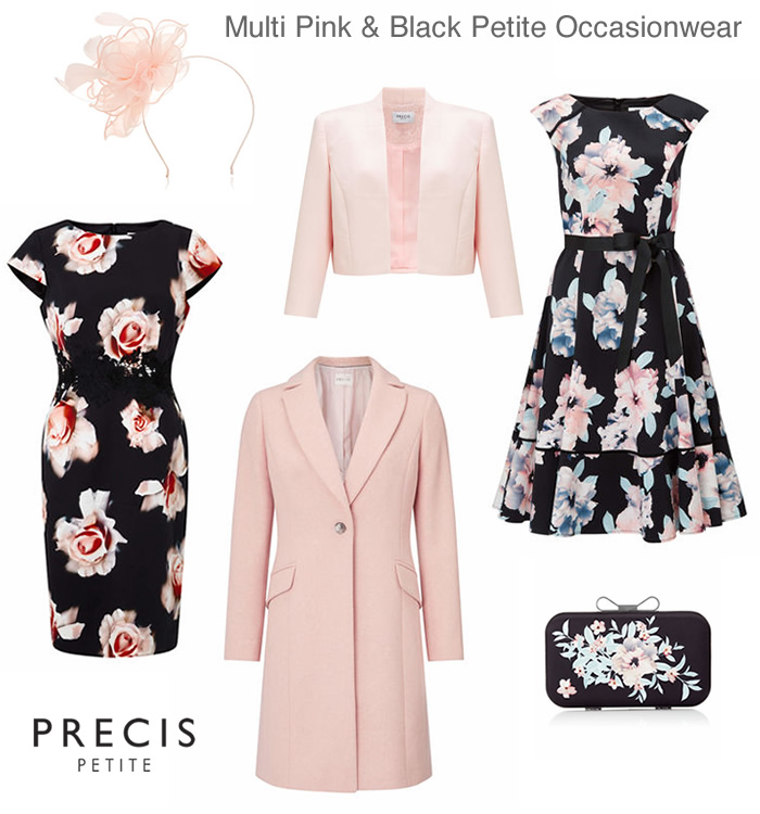 Precis petite Mother of the Bride outfits pink black dresses occasion coats jackets and matching bag