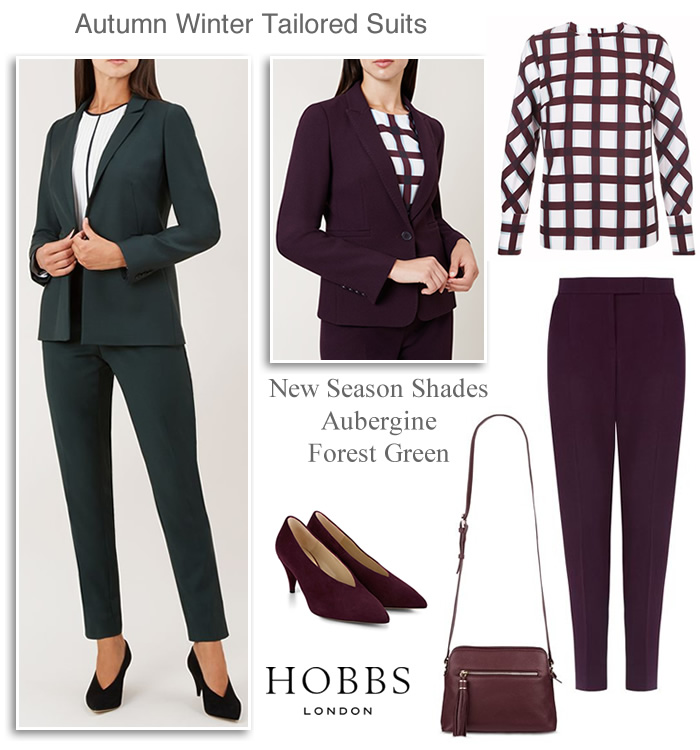 Hobbs occasion trousers suits dark green wine red aubergine tailored jackets matching slim leg trousers