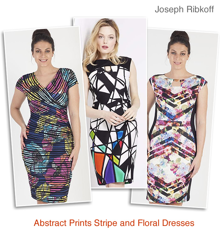 Joseph Ribkoff Print occasion dresses wrap over, multi coloured, floral body con and panel dress styles Joseph Ribkoff floral print plus size occasion dresses wrap over, slimming panel dress styles