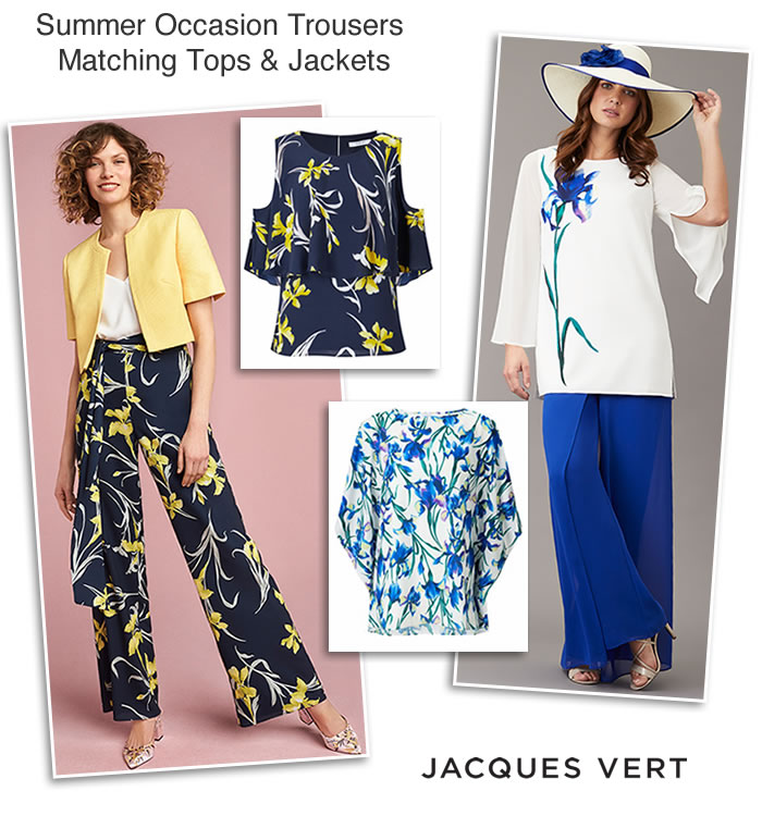 Jacques Vert summer wide leg printed occasion trousers matching tops and jackets