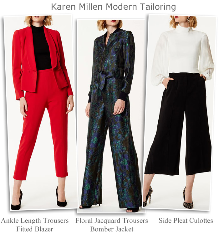 Karen Millen occasion trousers jackets blazers modern tailored trouser suits AW18