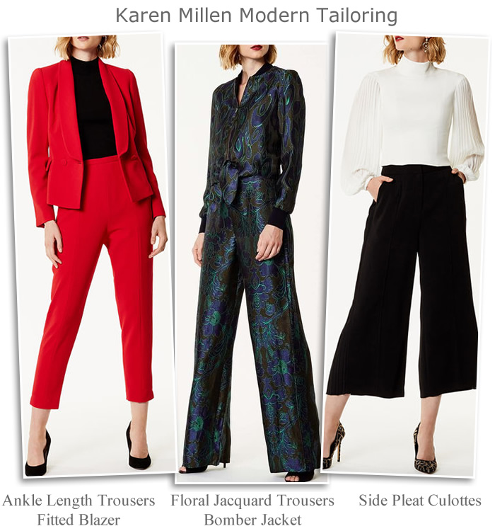 Karen Millen occasion trousers jackets blazers modern tailored trouser suits AW18