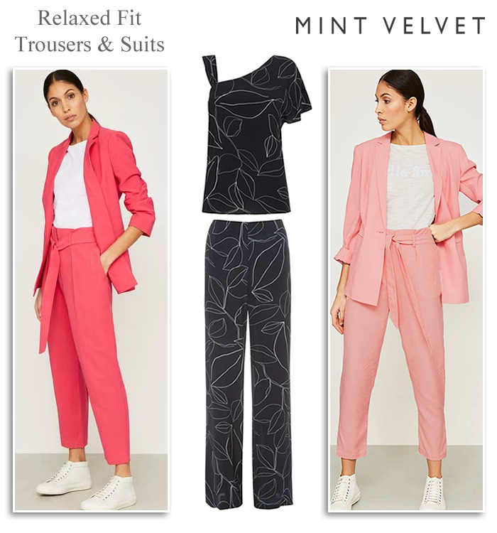 Mint Velvet SS18 Trouser Suits relaxed fit wide leg paperbag trousers Mint Velvet trousers matching blazers and jackets wide leg paperbag style trouser suits relaxed fit with tie waist