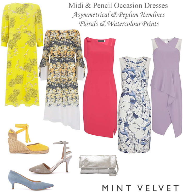 Mint Velvet spring summer occasion dresses pink blue yellow and lilac wedding outfits Mint Velvet occasion dresses pink blue lilac yellow multi print spring summer wedding outfits