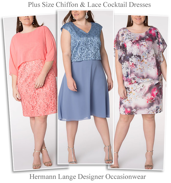 Hermann Lange plus size designer cocktail dresses in pink floral and blue chiffon lace