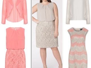 Hermann Lange coral and sand lace plus size dress and matching chiffon bolero outfits Hermann Lange occasionwear coral and beige lace plus size dress and matching chiffon bolero outfits