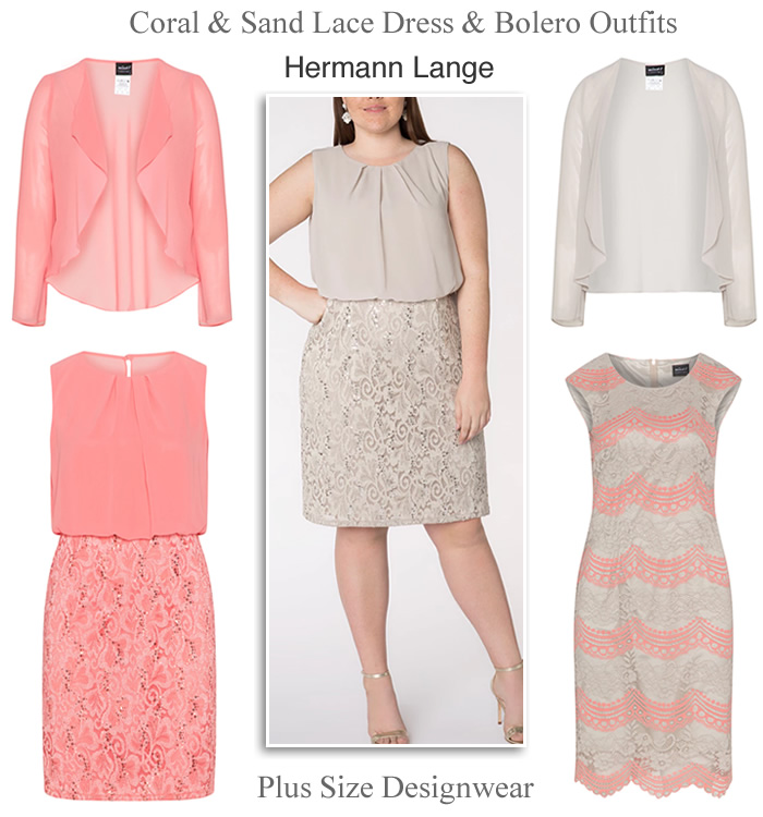 Hermann Lange occasionwear coral and beige lace plus size dress and matching chiffon bolero outfits