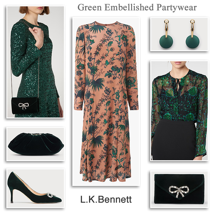 L K Bennett partywear green sequin beaded party dresses velvet shoes bags