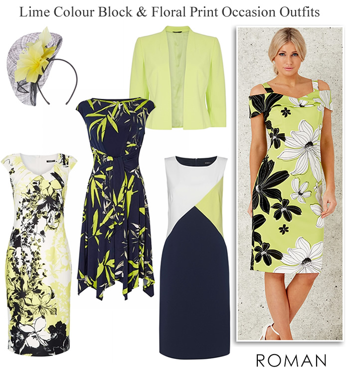 Roman occasion dresses and matching jackets in lime green navy black and ivory print