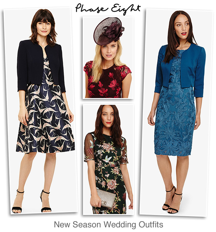 Phase Eight autumn wedding outfits embroidered jacquard lace dresses in navy wine teal blue and multi prints