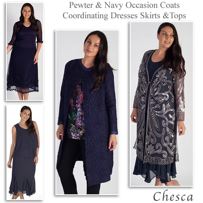Chesca grey and navy occasion coats coordinating dresses skirts and tops.