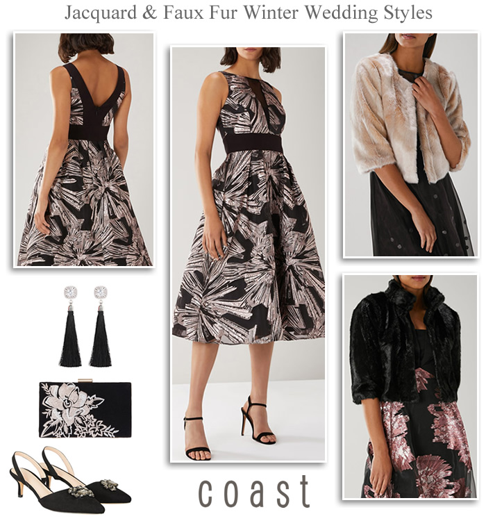 Coast winter wedding outfit jacquard occasion dress faux fur jacket and capes
