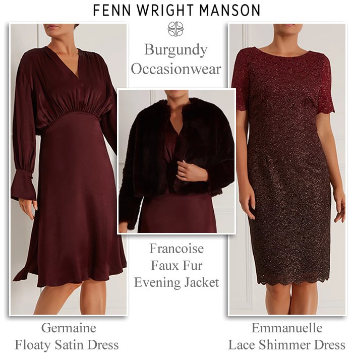 Fenn Wright Manson winter wedding outfits burgundy lace satin dresses and faux fur evening jacket