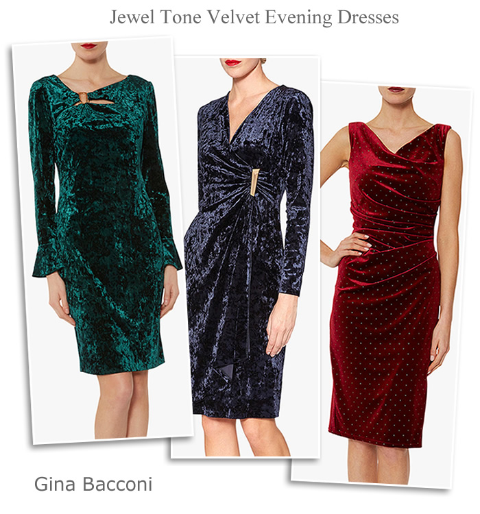 Gina Bacconi occasionwear AW18 velvet party dresses in red navy and green